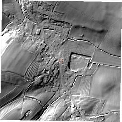 Shaded relief map of the ground around MK168NR, computed from Environment Agency LiDAR. The ground here sits at about 65 m above sea level and falls 29 m across the surrounding 800 m. Surface water reaching this point runs off ground lying to the west-south-west, 10.2 m higher.