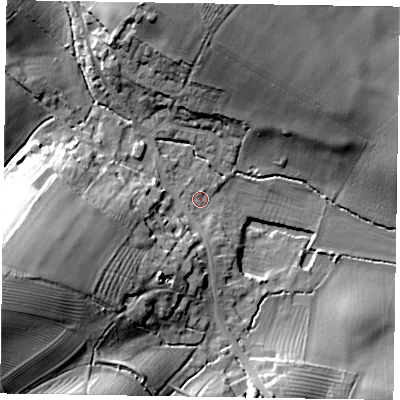 Shaded relief map of the ground around MK168NS, computed from Environment Agency LiDAR. The ground here sits at about 63 m above sea level and falls 29 m across the surrounding 800 m. Surface water reaching this point runs off ground lying to the west-south-west, 24.9 m higher.
