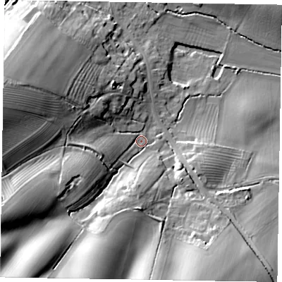Shaded relief map of the ground around MK168NT, computed from Environment Agency LiDAR. The ground here sits at about 66 m above sea level and falls 31 m across the surrounding 800 m. Surface water reaching this point runs off ground lying to the south-west, 23.8 m higher.