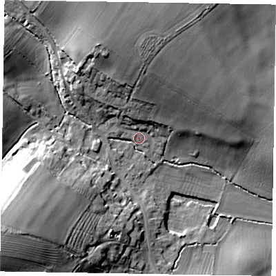 Shaded relief map of the ground around MK168NX, computed from Environment Agency LiDAR. The ground here sits at about 65 m above sea level and falls 29 m across the surrounding 800 m. Surface water reaching this point runs off ground lying to the north, 17.7 m higher.