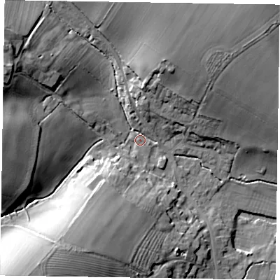 Shaded relief map of the ground around MK168PE, computed from Environment Agency LiDAR. The ground here sits at about 66 m above sea level and falls 33 m across the surrounding 800 m. Surface water reaching this point runs off ground lying to the south-west, 27.7 m higher.