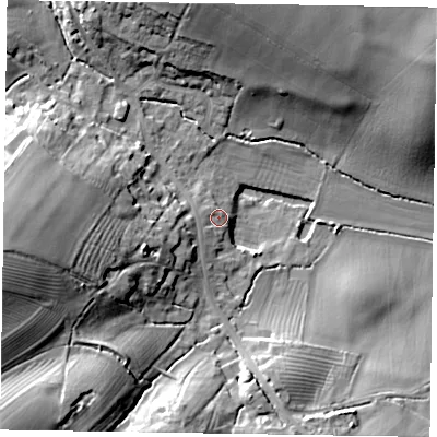 Shaded relief map of the ground around MK168QN, computed from Environment Agency LiDAR. The ground here sits at about 64 m above sea level and falls 28 m across the surrounding 800 m. Surface water reaching this point runs off ground lying to the south-west, 3.5 m higher.