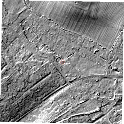 Shaded relief map of the ground around MK168QW, computed from Environment Agency LiDAR. The ground here sits at about 56 m above sea level and falls 11 m across the surrounding 800 m. Surface water reaching this point runs off ground lying to the west, 3.0 m higher.