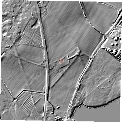 Shaded relief map of the ground around MK168QZ, computed from Environment Agency LiDAR. The ground here sits at about 56 m above sea level and falls 8 m across the surrounding 800 m. Surface water reaching this point runs off ground lying to the north-north-west, 2.4 m higher.