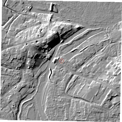 Shaded relief map of the ground around MK169AA, computed from Environment Agency LiDAR. The ground here sits at about 55 m above sea level and falls 10 m across the surrounding 800 m. Surface water reaching this point runs off ground lying to the east, 7.6 m higher.