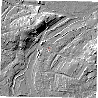 Shaded relief map of the ground around MK169AB, computed from Environment Agency LiDAR. The ground here sits at about 55 m above sea level and falls 10 m across the surrounding 800 m. Surface water reaching this point runs off ground lying to the east, 7.7 m higher.