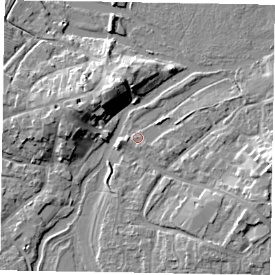 Shaded relief map of the ground around MK169AD, computed from Environment Agency LiDAR. The ground here sits at about 55 m above sea level and falls 11 m across the surrounding 800 m. Surface water reaching this point runs off ground lying to the east-south-east, 7.9 m higher.