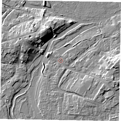 Shaded relief map of the ground around MK169AE, computed from Environment Agency LiDAR. The ground here sits at about 55 m above sea level and falls 10 m across the surrounding 800 m. Surface water reaching this point runs off ground lying to the east, 7.8 m higher.