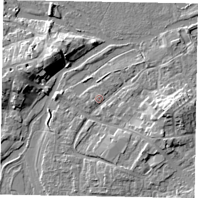 Shaded relief map of the ground around MK169AF, computed from Environment Agency LiDAR. The ground here sits at about 55 m above sea level and falls 11 m across the surrounding 800 m. Surface water reaching this point runs off ground lying to the east-south-east, 7.8 m higher.