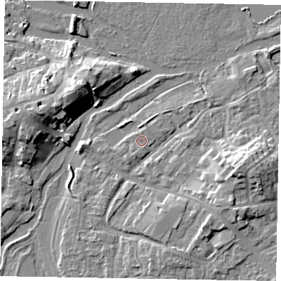 Shaded relief map of the ground around MK169AG, computed from Environment Agency LiDAR. The ground here sits at about 55 m above sea level and falls 11 m across the surrounding 800 m. Surface water reaching this point runs off ground lying to the south-south-east, 0.6 m higher.