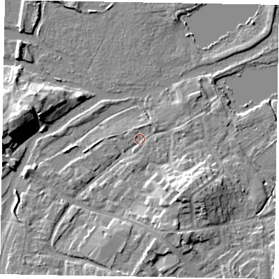 Shaded relief map of the ground around MK169AH, computed from Environment Agency LiDAR. The ground here sits at about 55 m above sea level and falls 11 m across the surrounding 800 m. Surface water reaching this point runs off ground lying to the north-west, 0.7 m higher.