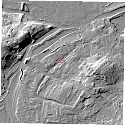 Shaded relief map of the ground around MK169AL, computed from Environment Agency LiDAR. The ground here sits at about 55 m above sea level and falls 11 m across the surrounding 800 m. Surface water reaching this point runs off ground lying to the east-south-east, 7.8 m higher.