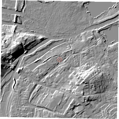 Shaded relief map of the ground around MK169AQ, computed from Environment Agency LiDAR. The ground here sits at about 55 m above sea level and falls 11 m across the surrounding 800 m. Surface water reaching this point runs off ground lying to the south-east, 7.8 m higher.