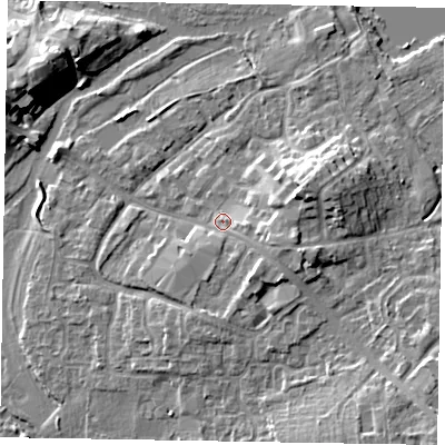 Shaded relief map of the ground around MK169AW, computed from Environment Agency LiDAR. The ground here sits at about 57 m above sea level and falls 11 m across the surrounding 800 m. Surface water reaching this point runs off ground lying to the east-south-east, 4.4 m higher.