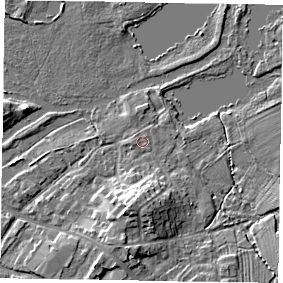Shaded relief map of the ground around MK169BL, computed from Environment Agency LiDAR. The ground here sits at about 56 m above sea level and falls 9 m across the surrounding 800 m. Surface water reaching this point runs off ground lying to the south, 6.8 m higher.