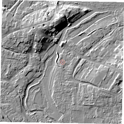 Shaded relief map of the ground around MK169DA, computed from Environment Agency LiDAR. The ground here sits at about 55 m above sea level and falls 10 m across the surrounding 800 m. Surface water reaching this point runs off ground lying to the south-east, 1.4 m higher.