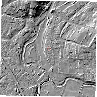 Shaded relief map of the ground around MK169DD, computed from Environment Agency LiDAR. The ground here sits at about 56 m above sea level and falls 8 m across the surrounding 800 m. Surface water reaching this point runs off ground lying to the east, 3.0 m higher.