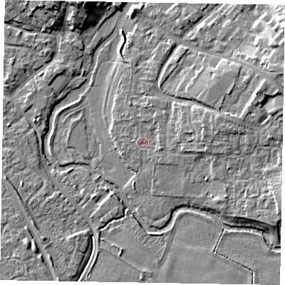Shaded relief map of the ground around MK169DE, computed from Environment Agency LiDAR. The ground here sits at about 56 m above sea level and falls 7 m across the surrounding 800 m. Surface water reaching this point runs off ground lying to the east, 2.9 m higher.