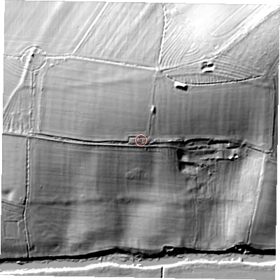 Shaded relief map of the ground around MK169EN, computed from Environment Agency LiDAR. The ground here sits at about 74 m above sea level and falls 33 m across the surrounding 800 m. Surface water reaching this point runs off ground lying to the north-north-east, 7.4 m higher.