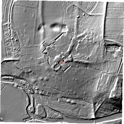 Shaded relief map of the ground around MK169EX, computed from Environment Agency LiDAR. The ground here sits at about 57 m above sea level and falls 15 m across the surrounding 800 m. Surface water reaching this point runs off ground lying to the east-north-east, 6.6 m higher.