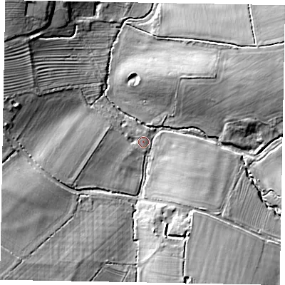 Shaded relief map of the ground around MK169FG, computed from Environment Agency LiDAR. The ground here sits at about 90 m above sea level and falls 14 m across the surrounding 800 m. Surface water reaching this point runs off ground lying to the south-west, 12.1 m higher.