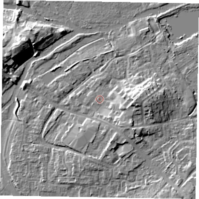 Shaded relief map of the ground around MK169FQ, computed from Environment Agency LiDAR. The ground here sits at about 56 m above sea level and falls 11 m across the surrounding 800 m. Surface water reaching this point runs off ground lying to the east, 6.4 m higher.