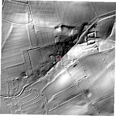 Shaded relief map of the ground around MK169HH, computed from Environment Agency LiDAR. The ground here sits at about 71 m above sea level and falls 24 m across the surrounding 800 m. Surface water reaching this point runs off ground lying to the east-south-east, 19.7 m higher.
