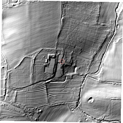 Shaded relief map of the ground around MK169HL, computed from Environment Agency LiDAR. The ground here sits at about 94 m above sea level and falls 15 m across the surrounding 800 m. Surface water reaching this point runs off ground lying to the west, 6.3 m higher.