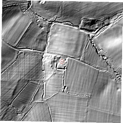 Shaded relief map of the ground around MK169HP, computed from Environment Agency LiDAR. The ground here sits at about 95 m above sea level and falls 13 m across the surrounding 800 m. Surface water reaching this point runs off ground lying to the south-south-east, 6.6 m higher.