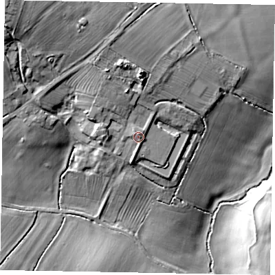 Shaded relief map of the ground around MK169JJ, computed from Environment Agency LiDAR. The ground here sits at about 78 m above sea level and falls 26 m across the surrounding 800 m. Surface water reaching this point runs off ground lying to the north, 1.5 m higher.