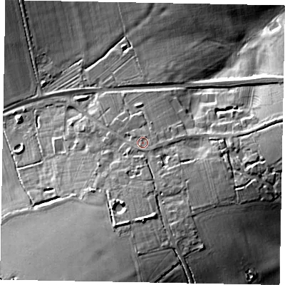 Shaded relief map of the ground around MK169JS, computed from Environment Agency LiDAR. The ground here sits at about 96 m above sea level and falls 20 m across the surrounding 800 m. Surface water reaching this point runs off ground lying to the south, 1.0 m higher.