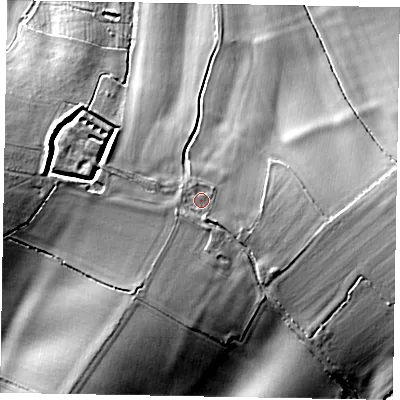 Shaded relief map of the ground around MK169JW, computed from Environment Agency LiDAR. The ground here sits at about 90 m above sea level and falls 18 m across the surrounding 800 m. Surface water reaching this point runs off ground lying to the south, 0.6 m higher.