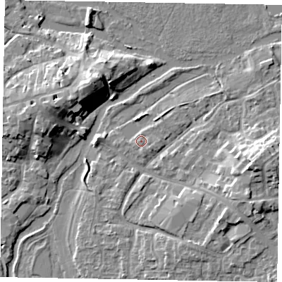 Shaded relief map of the ground around MK169PT, computed from Environment Agency LiDAR. The ground here sits at about 55 m above sea level and falls 11 m across the surrounding 800 m. Surface water reaching this point runs off ground lying to the south-east, 1.1 m higher.
