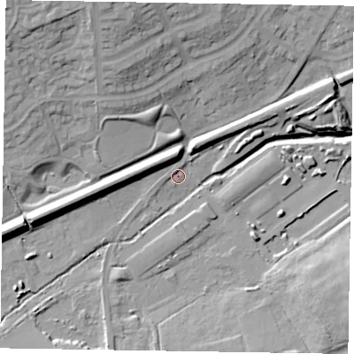 Shaded relief map of the ground around MK170AA, computed from Environment Agency LiDAR. The ground here sits at about 85 m above sea level and falls 24 m across the surrounding 800 m. Surface water reaching this point runs off ground lying to the north-north-west, 20.1 m higher.