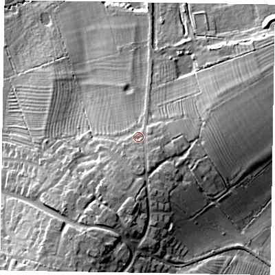 Shaded relief map of the ground around MK170AE, computed from Environment Agency LiDAR. The ground here sits at about 101 m above sea level and falls 24 m across the surrounding 800 m. Surface water reaching this point runs off ground lying to the south, 6.8 m higher.