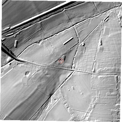 Shaded relief map of the ground around MK170AU, computed from Environment Agency LiDAR. The ground here sits at about 95 m above sea level and falls 21 m across the surrounding 800 m. Surface water reaching this point runs off ground lying to the west-south-west, 2.4 m higher.