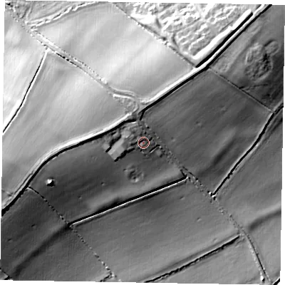 Shaded relief map of the ground around MK170EB, computed from Environment Agency LiDAR. The ground here sits at about 94 m above sea level and falls 25 m across the surrounding 800 m. Surface water reaching this point runs off ground lying to the west-north-west, 6.0 m higher.