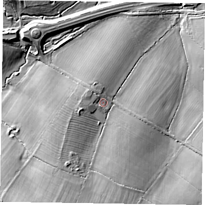 Shaded relief map of the ground around MK170EG, computed from Environment Agency LiDAR. The ground here sits at about 111 m above sea level and falls 20 m across the surrounding 800 m. Surface water reaching this point runs off ground lying to the west-south-west, 5.2 m higher.