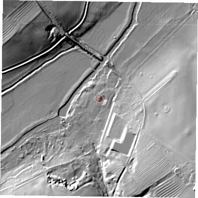 Shaded relief map of the ground around MK170HJ, computed from Environment Agency LiDAR. The ground here sits at about 71 m above sea level and falls 25 m across the surrounding 800 m. Surface water reaching this point runs off ground lying to the east, 1.4 m higher.