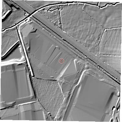 Shaded relief map of the ground around MK177AB, computed from Environment Agency LiDAR. The ground here sits at about 66 m above sea level and falls 8 m across the surrounding 800 m. Surface water reaching this point runs off ground lying to the east-south-east, 2.5 m higher.