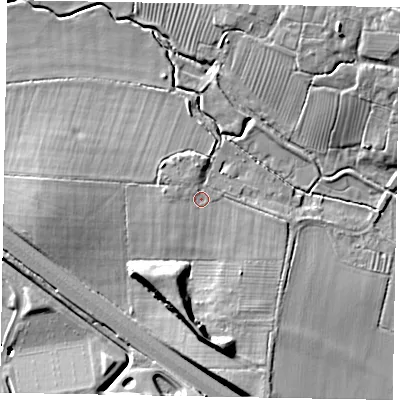 Shaded relief map of the ground around MK178AY, computed from Environment Agency LiDAR. The ground here sits at about 71 m above sea level and falls 18 m across the surrounding 800 m. Surface water reaching this point runs off ground lying to the south-west, 1.1 m higher.