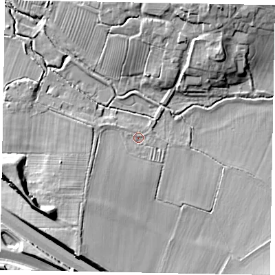 Shaded relief map of the ground around MK178AZ, computed from Environment Agency LiDAR. The ground here sits at about 69 m above sea level and falls 15 m across the surrounding 800 m. Surface water reaching this point runs off ground lying to the south-west, 11.3 m higher.