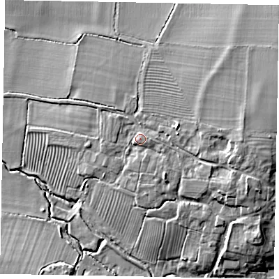 Shaded relief map of the ground around MK178BQ, computed from Environment Agency LiDAR. The ground here sits at about 74 m above sea level and falls 17 m across the surrounding 800 m. Surface water reaching this point runs off ground lying to the east-south-east, 1.9 m higher.