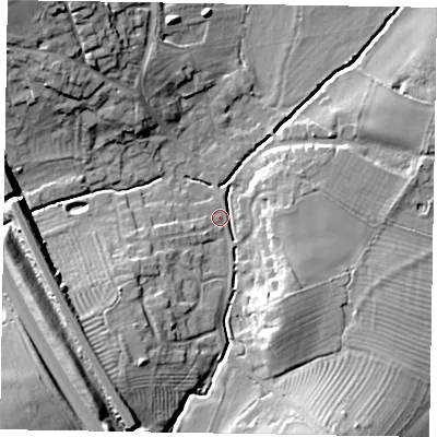 Shaded relief map of the ground around MK179BB, computed from Environment Agency LiDAR. The ground here sits at about 78 m above sea level and falls 21 m across the surrounding 800 m. Surface water reaching this point runs off ground lying to the south-south-east, 12.4 m higher.