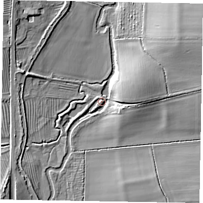 Shaded relief map of the ground around MK179BD, computed from Environment Agency LiDAR. The ground here sits at about 71 m above sea level and falls 15 m across the surrounding 800 m. Surface water reaching this point runs off ground lying to the east, 10.9 m higher.