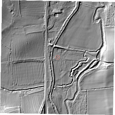 Shaded relief map of the ground around MK179BF, computed from Environment Agency LiDAR. The ground here sits at about 71 m above sea level and falls 13 m across the surrounding 800 m. Surface water reaching this point runs off ground lying to the north-west, 1.8 m higher.