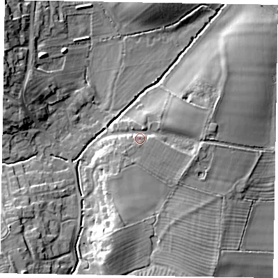 Shaded relief map of the ground around MK179DB, computed from Environment Agency LiDAR. The ground here sits at about 81 m above sea level and falls 17 m across the surrounding 800 m. Surface water reaching this point runs off ground lying to the south-south-west, 3.2 m higher.