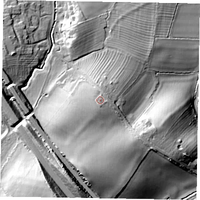 Shaded relief map of the ground around MK179DD, computed from Environment Agency LiDAR. The ground here sits at about 90 m above sea level and falls 26 m across the surrounding 800 m. Surface water reaching this point runs off ground lying to the south, 1.4 m higher.