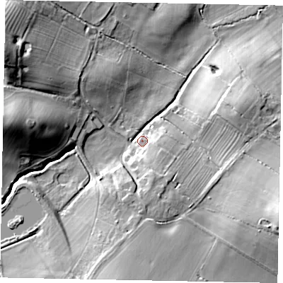 Shaded relief map of the ground around MK179DT, computed from Environment Agency LiDAR. The ground here sits at about 105 m above sea level and falls 27 m across the surrounding 800 m. Surface water reaching this point runs off ground lying to the west, 22.6 m higher.