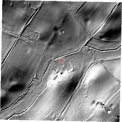 Shaded relief map of the ground around MK179EA, computed from Environment Agency LiDAR. The ground here sits at about 93 m above sea level and falls 18 m across the surrounding 800 m. Surface water reaching this point runs off ground lying to the west-south-west, 14.0 m higher.